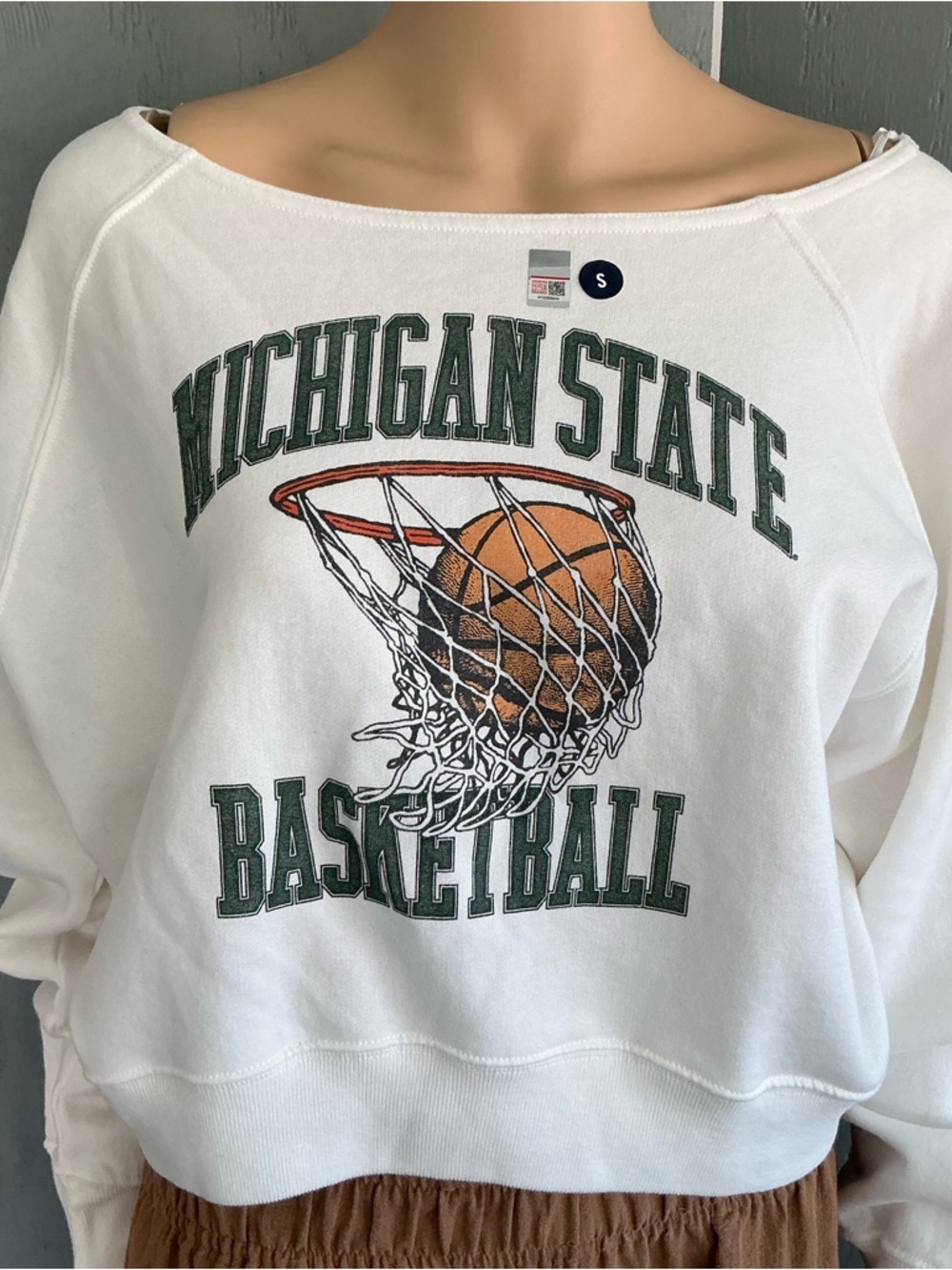 Hollister Michigan State White Crewneck Sweatshirt with Green Collegiate Print